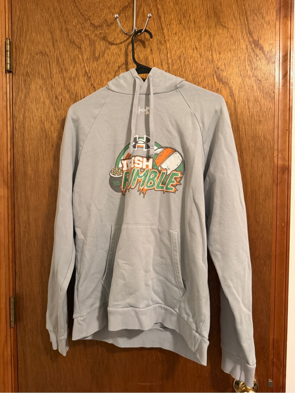 Under Armour Light Gray Hoodie with Green & Orange Graphic Logo